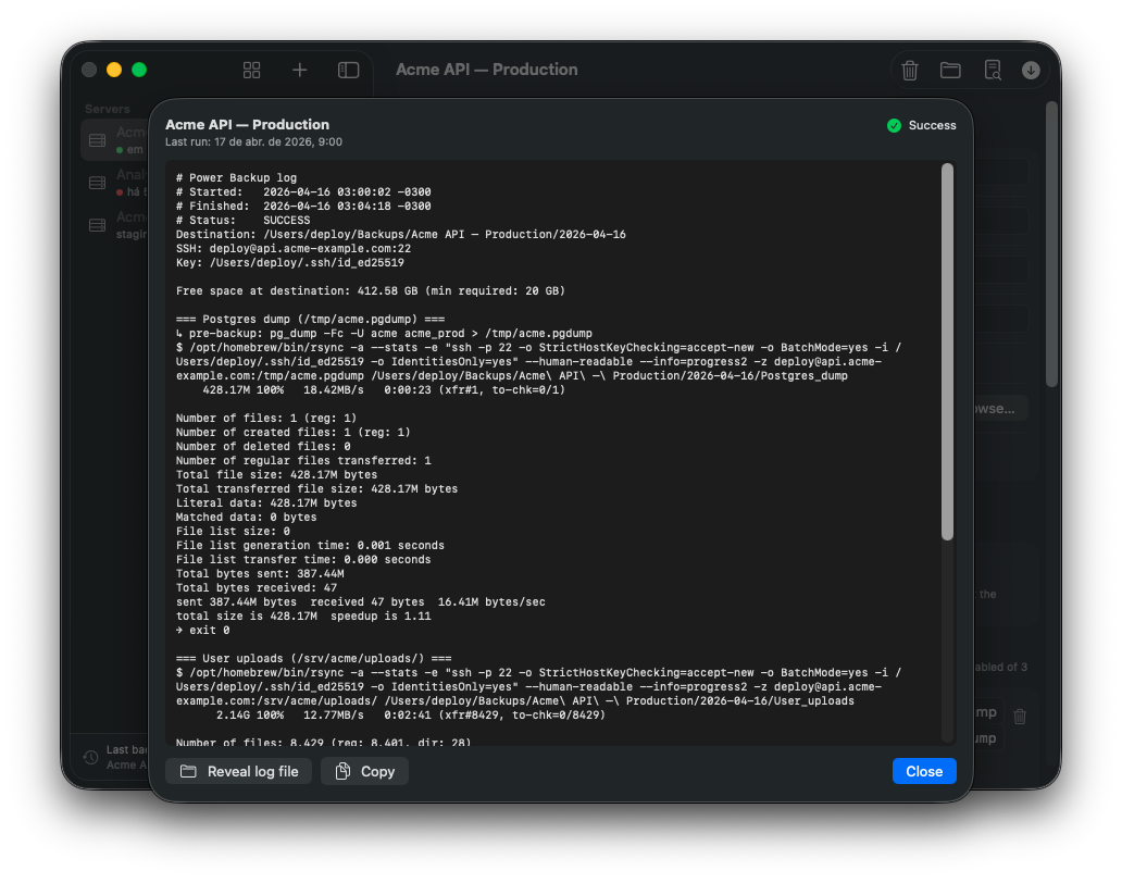 Tela de execução do backup mostrando progresso ao vivo e saída de log