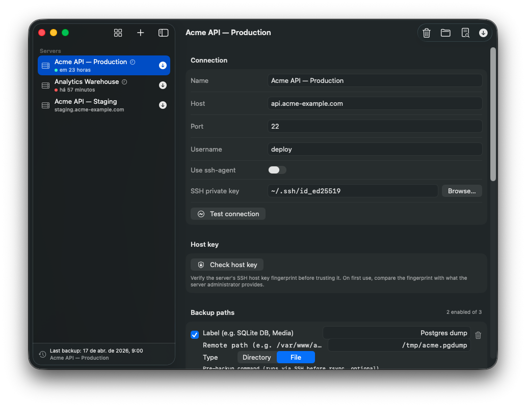 Detalhe do servidor com configurações SSH, caminhos, agenda e retenção